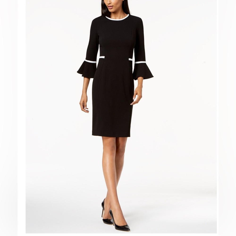 Calvin Klein Navy Sz 12 Round Neck Flare Sleeve Contrast Piping Sheath Dress